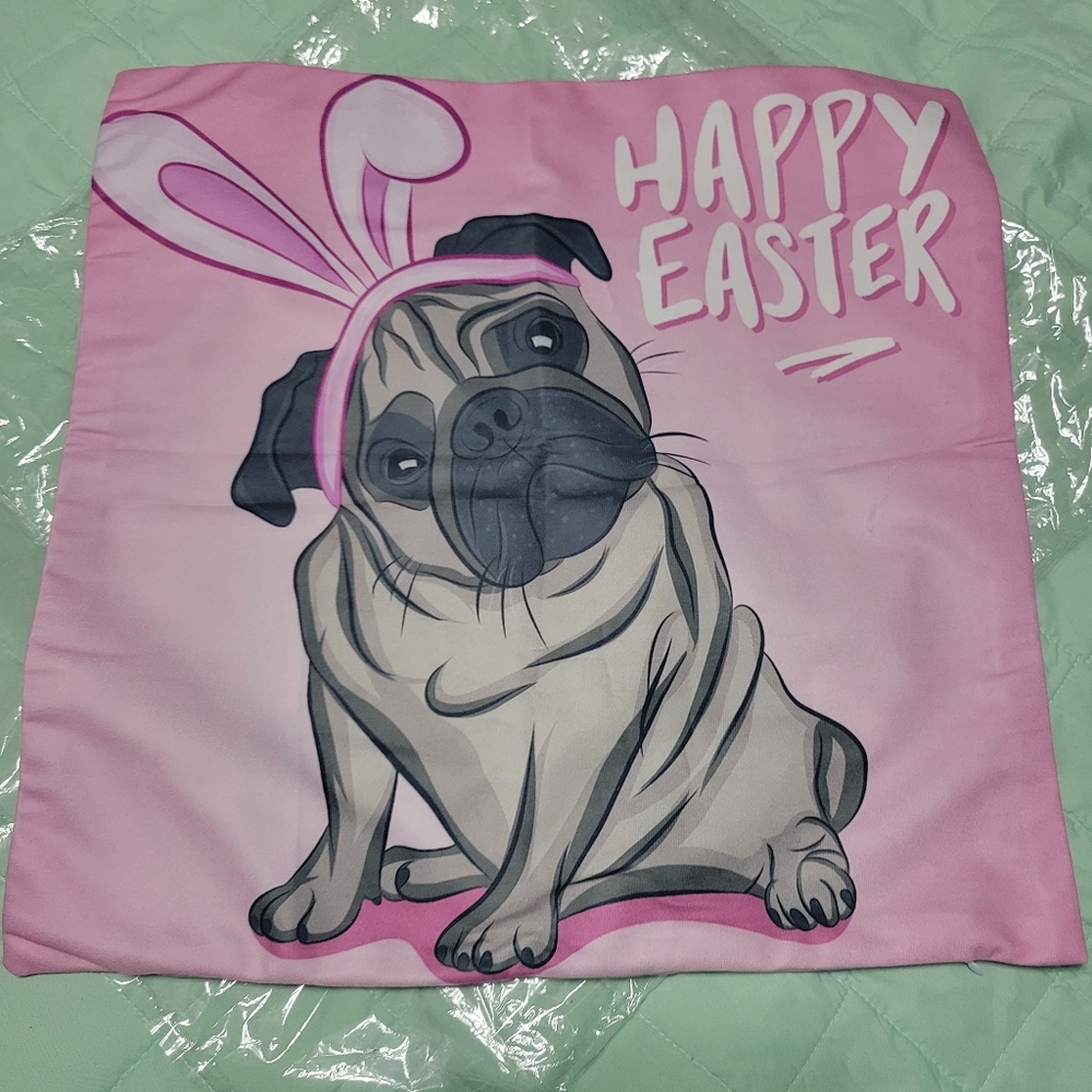 Glamour Shabby Chic Easter Holiday Pug Pillow Case 17"